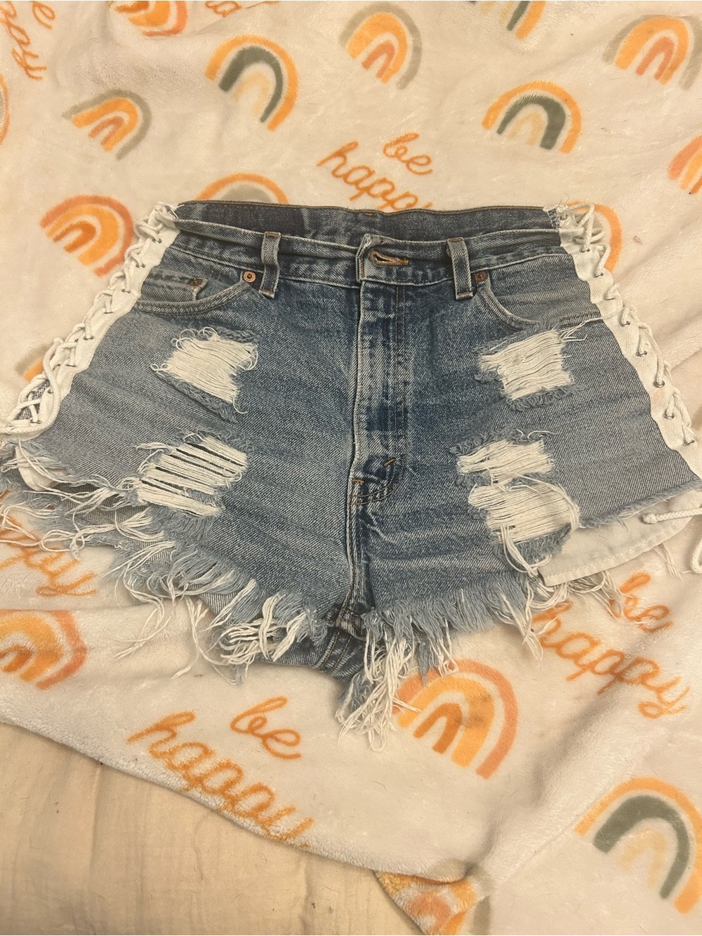 Furst of a Kind High-Rise Distressed Denim Shorts with Lace-Up Sides - Light Blu